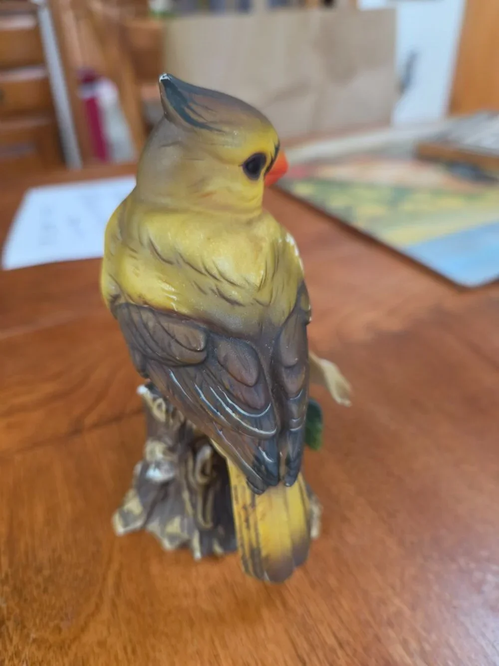 vintage hand painted ceramic female cardinal perched on branch with flower 6 in